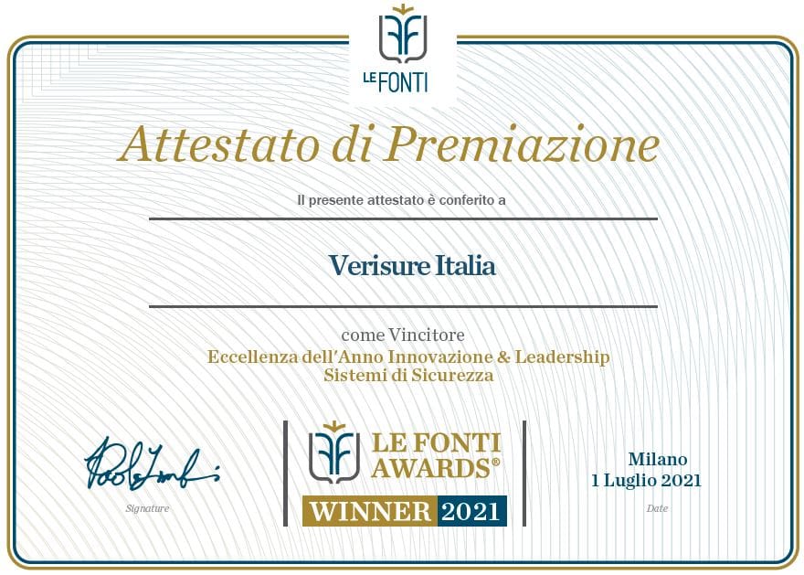 Attestato di premiazione le fonti awards verisure